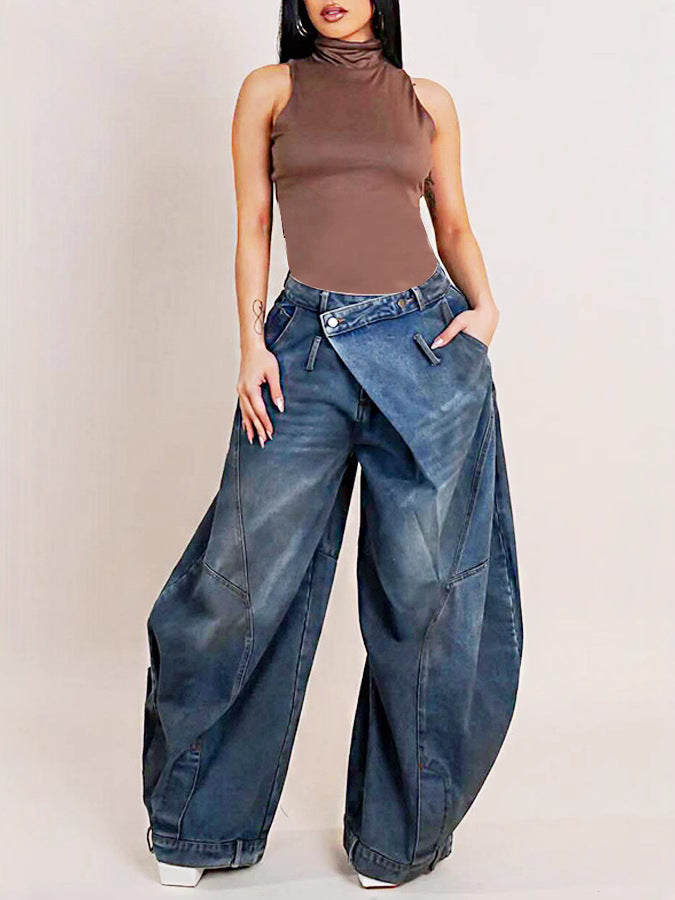 LADIES WIDE LEG DENIM PANTS BLUE DENIM (SIZE S - 3XL)