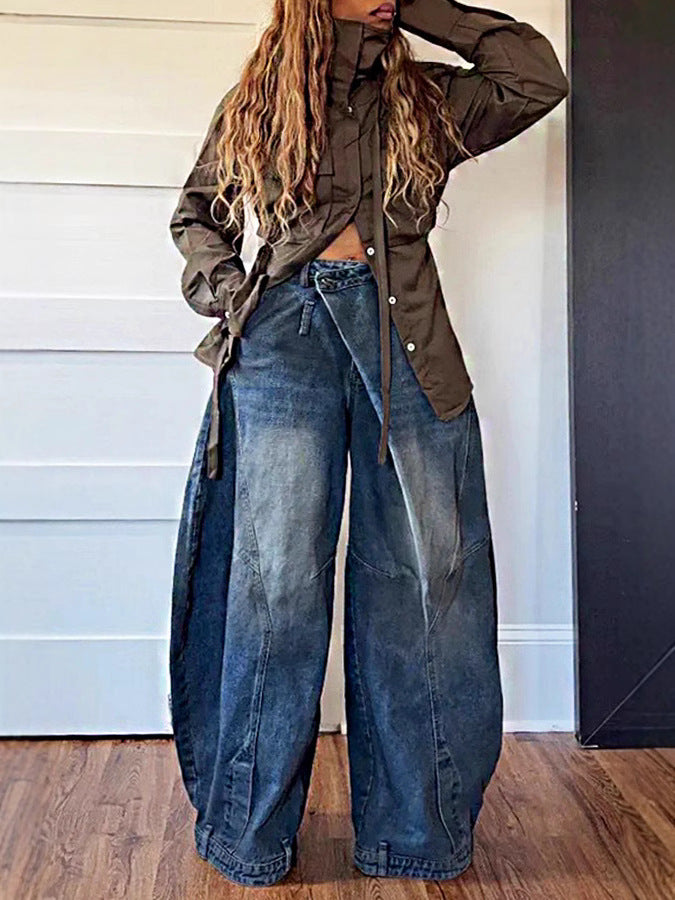 LADIES WIDE LEG DENIM PANTS BLUE DENIM (SIZE S - 3XL)