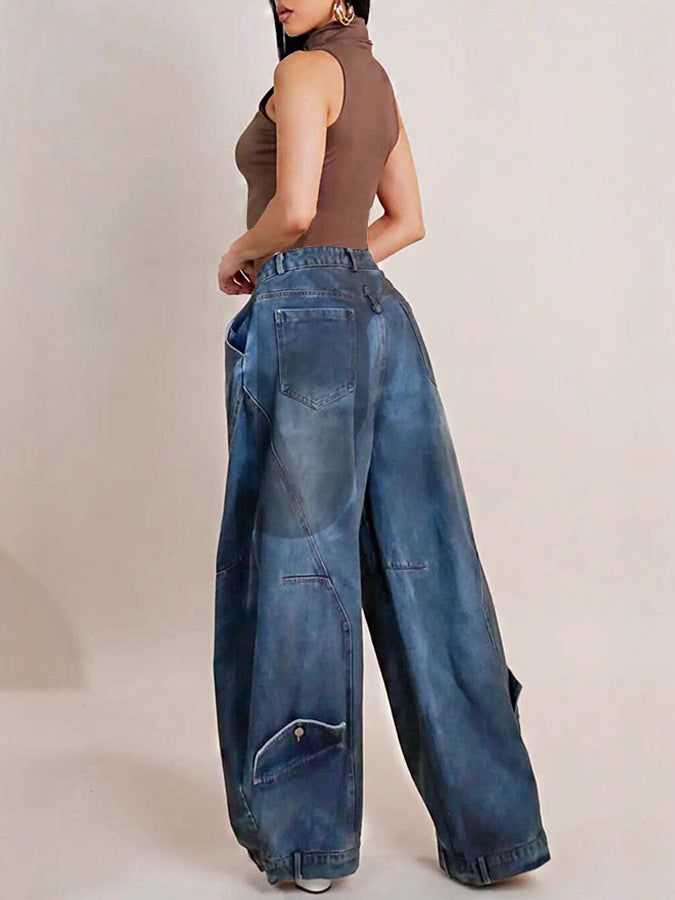 LADIES WIDE LEG DENIM PANTS BLUE DENIM (SIZE S - 3XL)