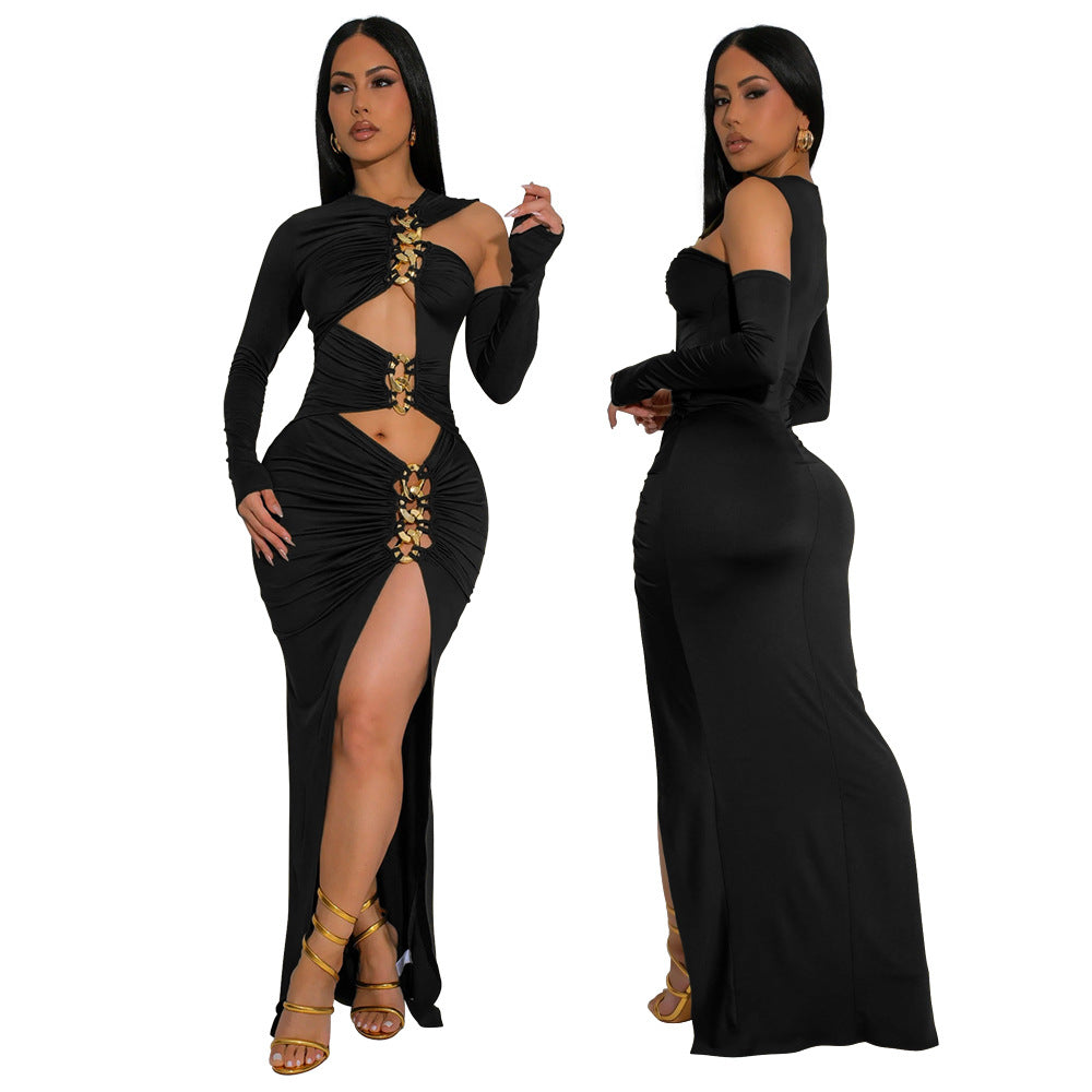 LADIES LONG SLEEVE CUT OUT DRESS BLACK / GREEN (SIZE S - 2XL)