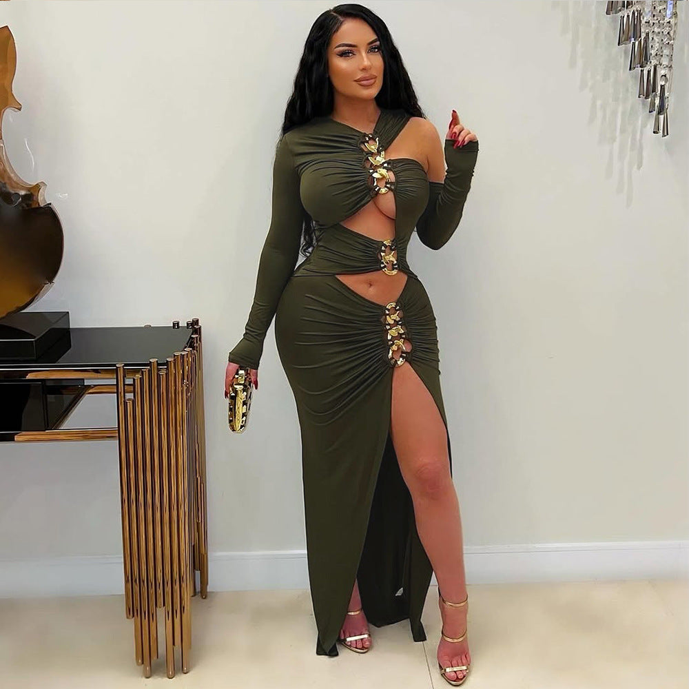 LADIES LONG SLEEVE CUT OUT DRESS BLACK / GREEN (SIZE S - 2XL)