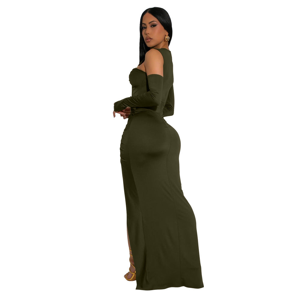 LADIES LONG SLEEVE CUT OUT DRESS BLACK / GREEN (SIZE S - 2XL)