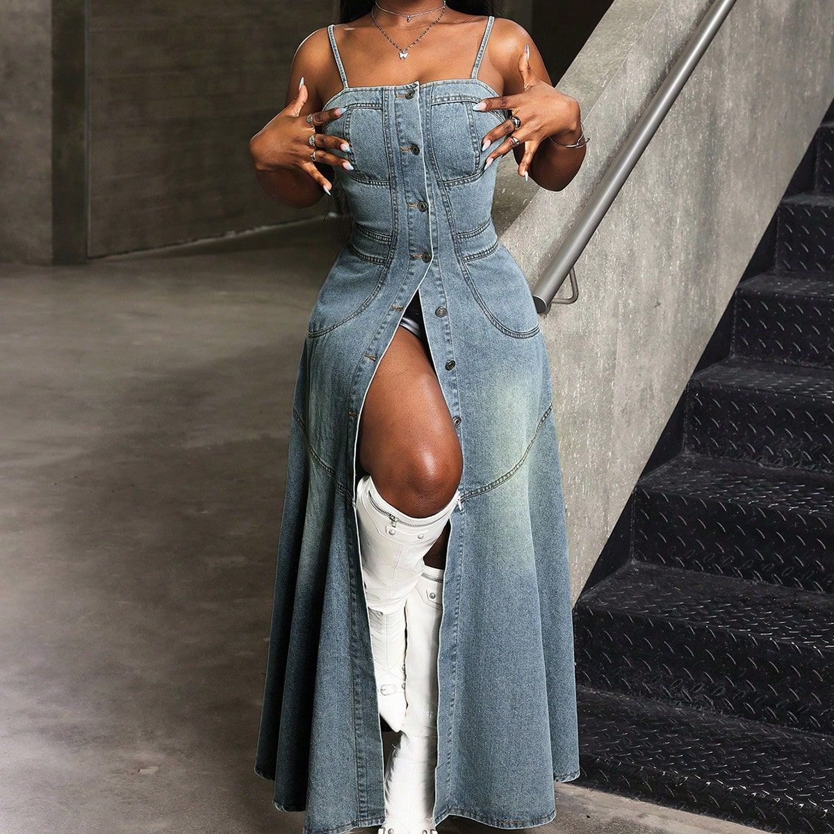 LADIES LONG DENIM DRESS BLUE DENIM (SIZE S - 2XL)