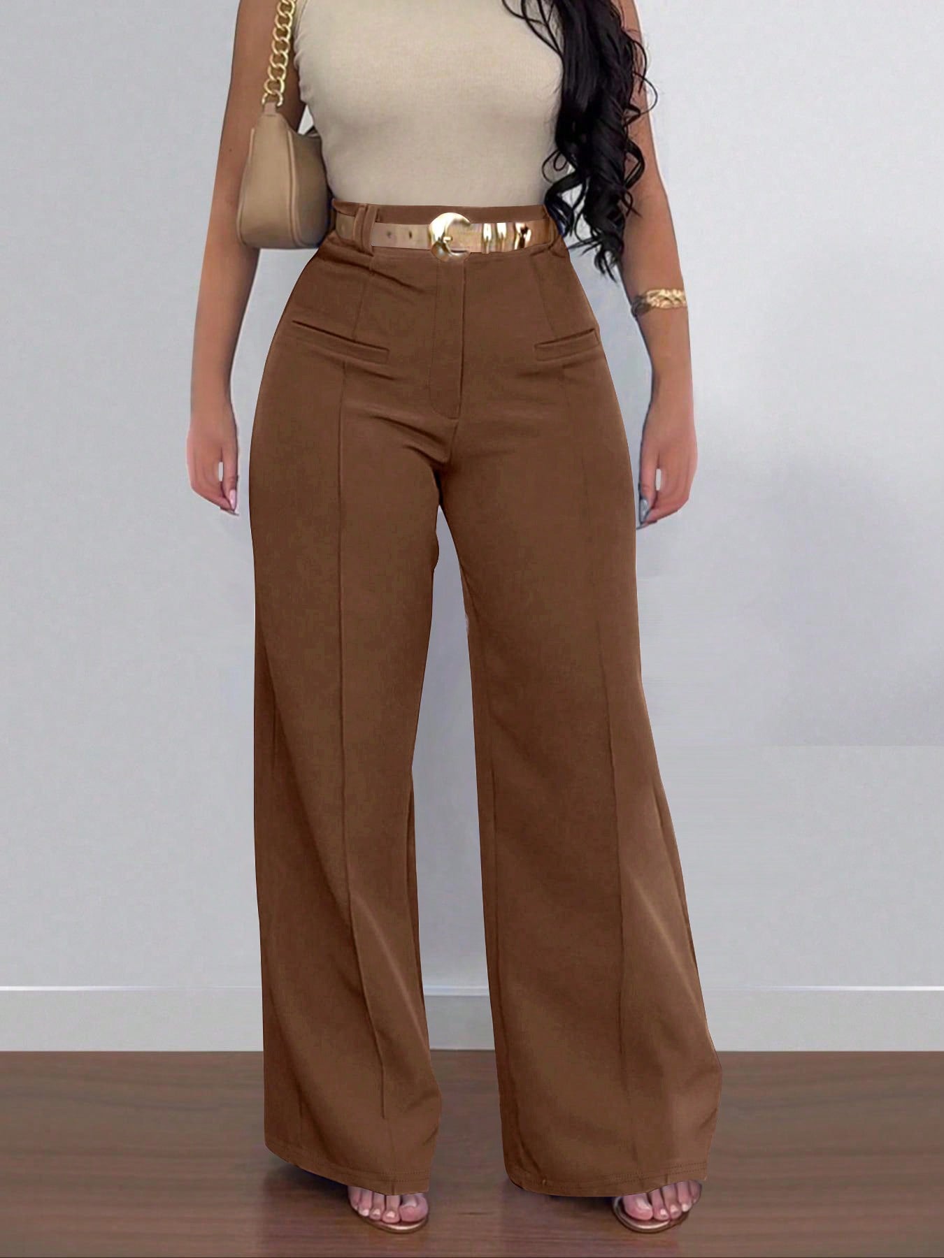 LADIES HIGH WAIST PANTS PINK / COFFEE BROWN / DARK BLUE (SIZE S - XL)