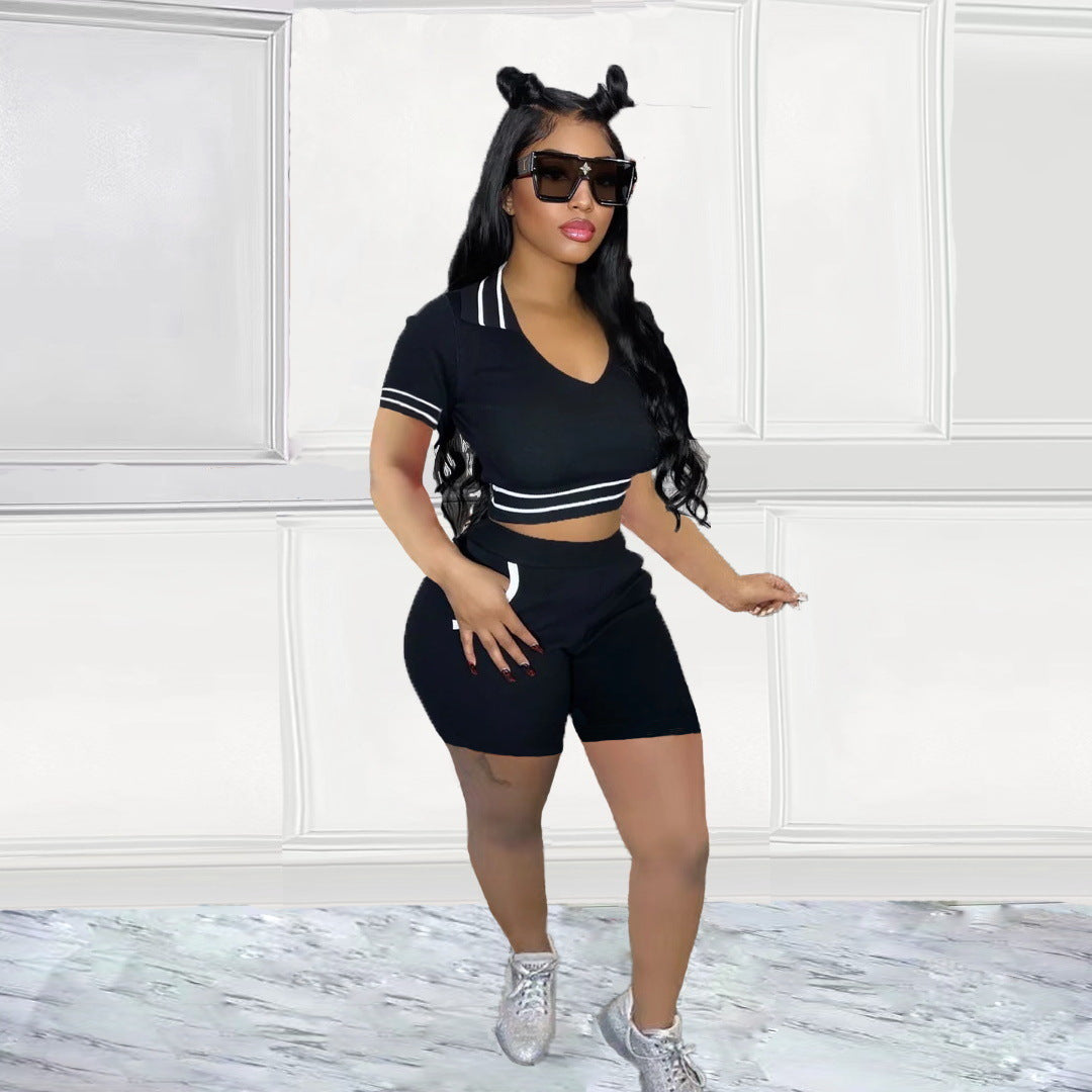 LADIES TWO PIECE SHORT SLEEVE TOP & SHORTS SET BLACK / GREEN / BLUE / PINK (SIZE S - 2XL)