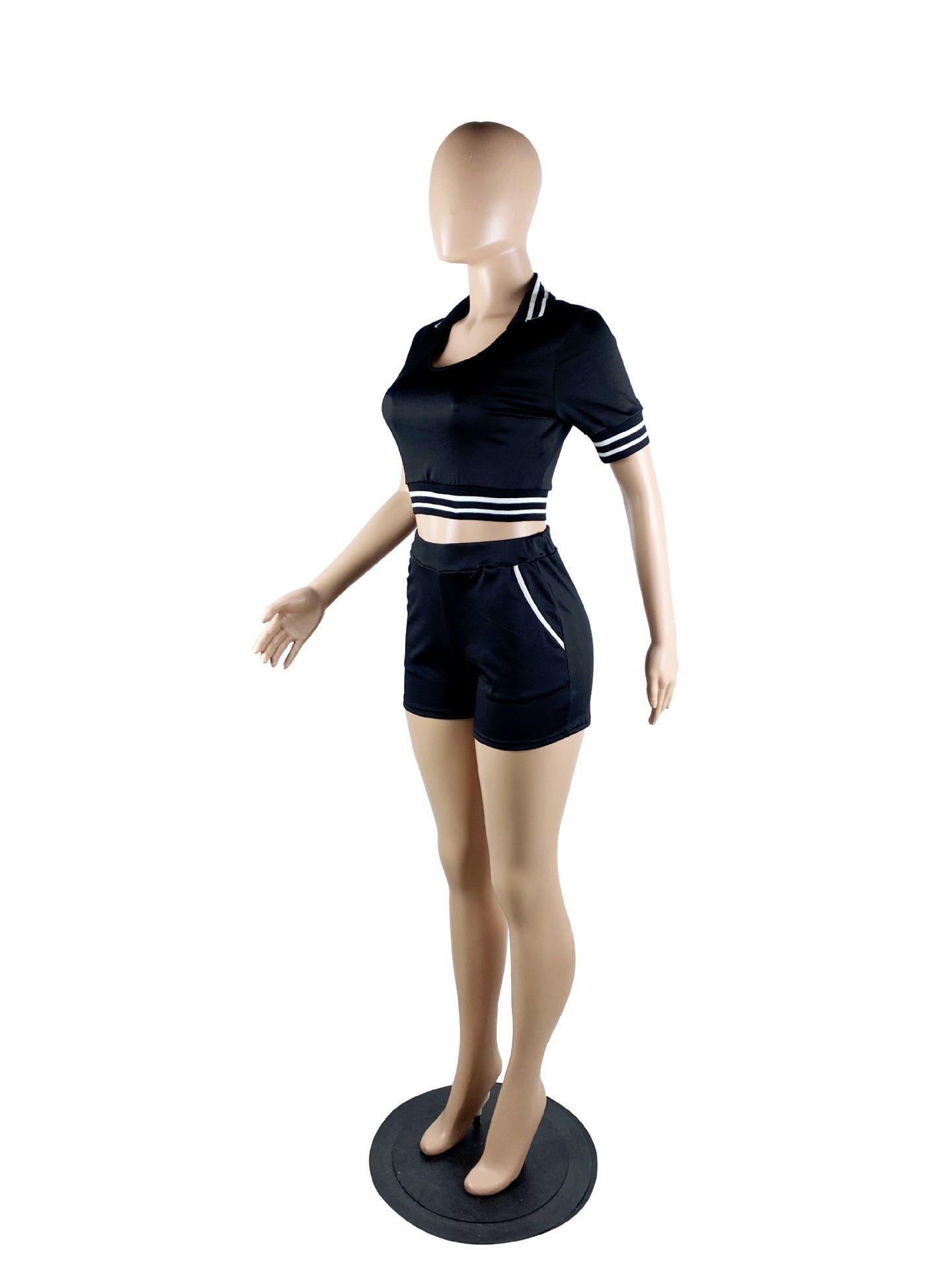 LADIES TWO PIECE SHORT SLEEVE TOP & SHORTS SET BLACK / GREEN / BLUE / PINK (SIZE S - 2XL)