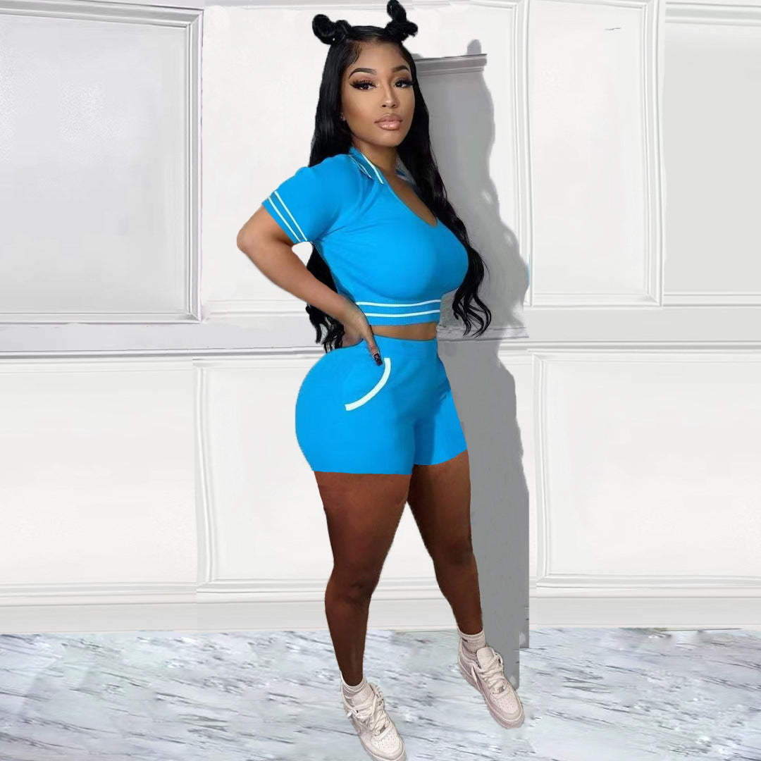 LADIES TWO PIECE SHORT SLEEVE TOP & SHORTS SET BLACK / GREEN / BLUE / PINK (SIZE S - 2XL)