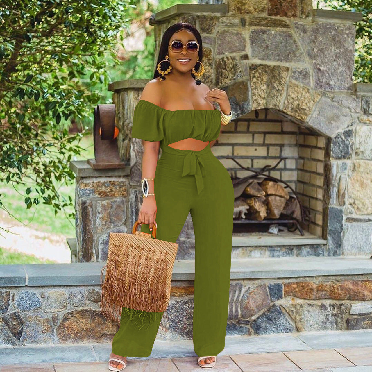 LADIES OFF THE SHOULDER JUMPSUIT GREEN / BLACK / ORANGE / DARK PINK (SIZE S - 2XL)