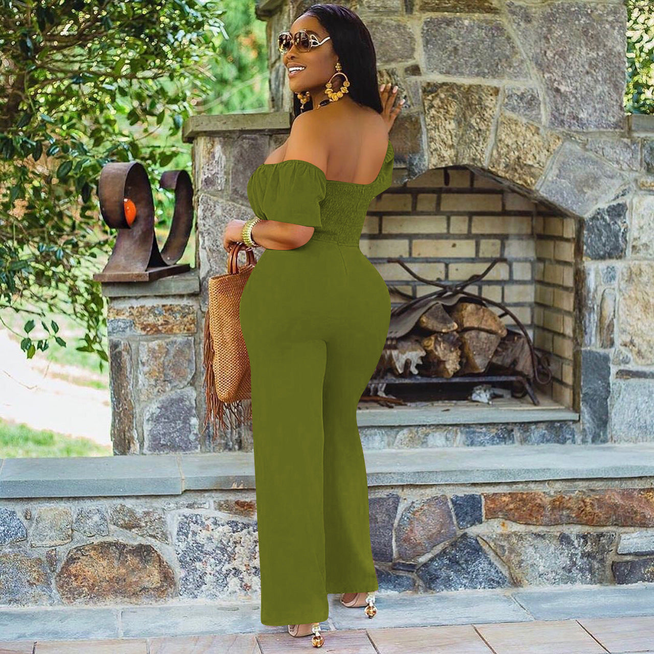 LADIES OFF THE SHOULDER JUMPSUIT GREEN / BLACK / ORANGE / DARK PINK (SIZE S - 2XL)