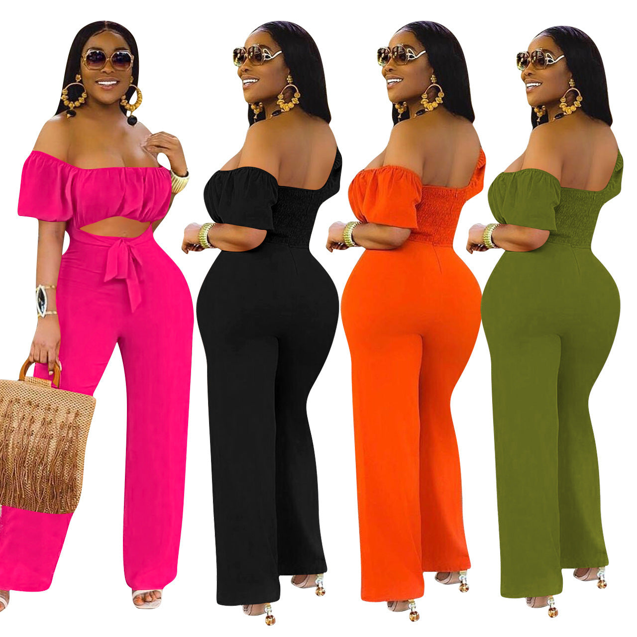 LADIES OFF THE SHOULDER JUMPSUIT GREEN / BLACK / ORANGE / DARK PINK (SIZE S - 2XL)