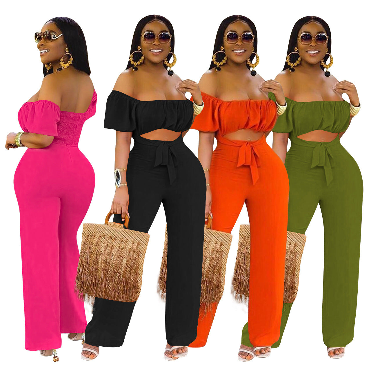 LADIES OFF THE SHOULDER JUMPSUIT GREEN / BLACK / ORANGE / DARK PINK (SIZE S - 2XL)