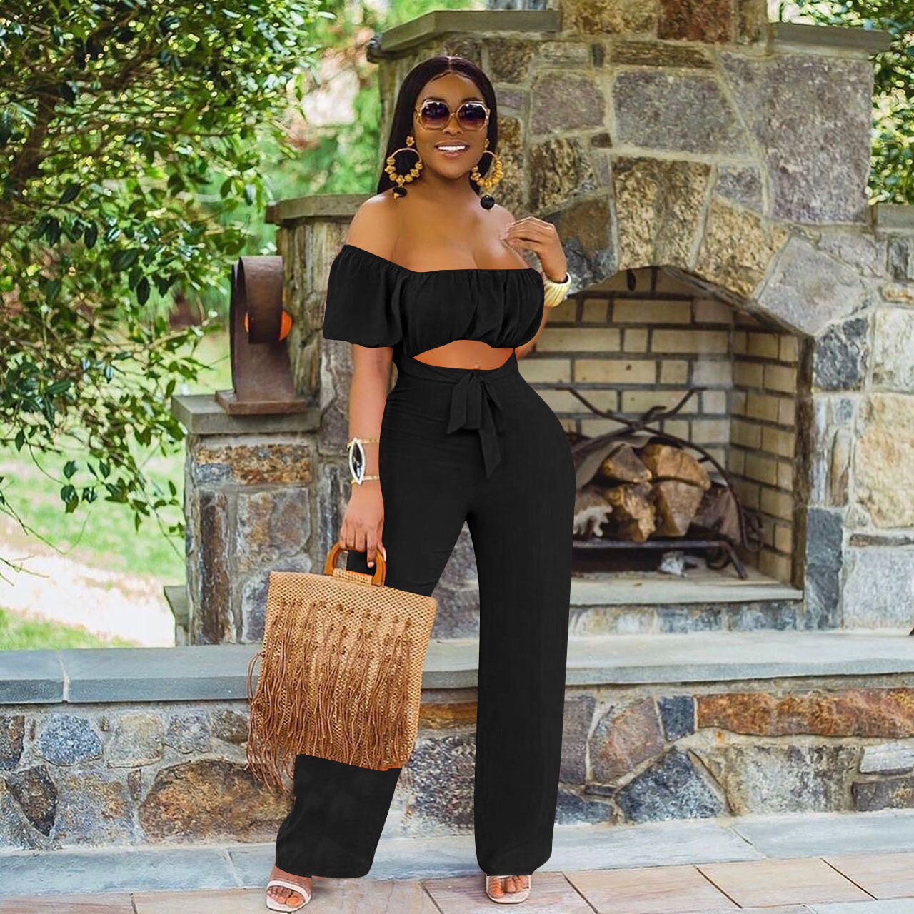 LADIES OFF THE SHOULDER JUMPSUIT GREEN / BLACK / ORANGE / DARK PINK (SIZE S - 2XL)
