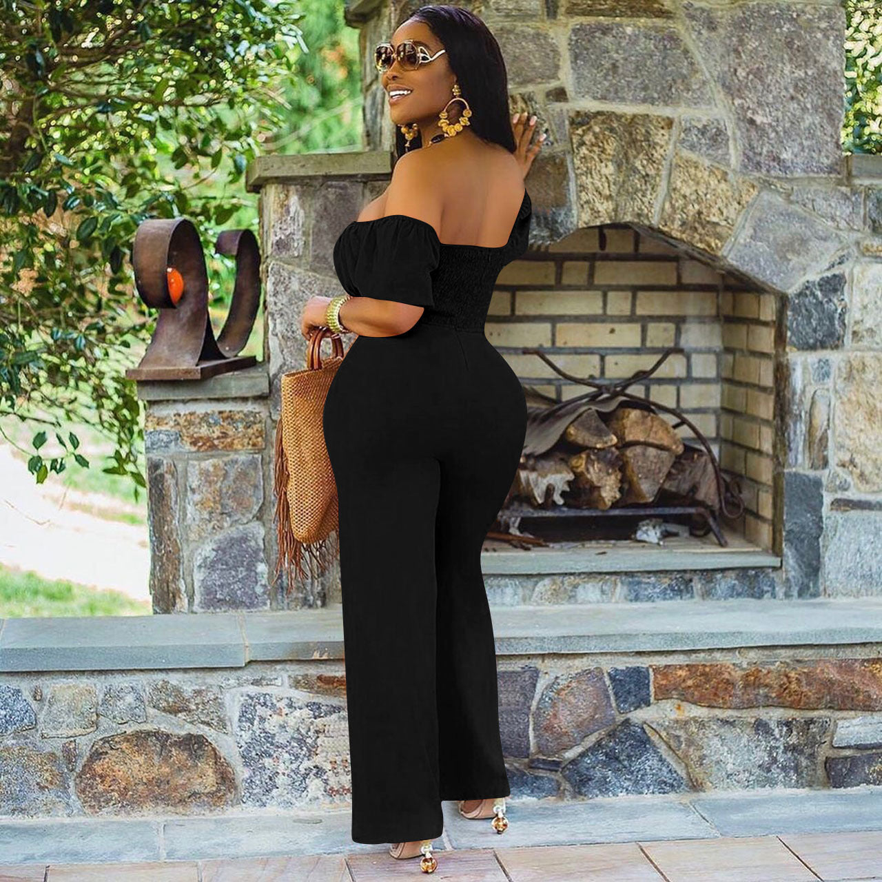LADIES OFF THE SHOULDER JUMPSUIT GREEN / BLACK / ORANGE / DARK PINK (SIZE S - 2XL)