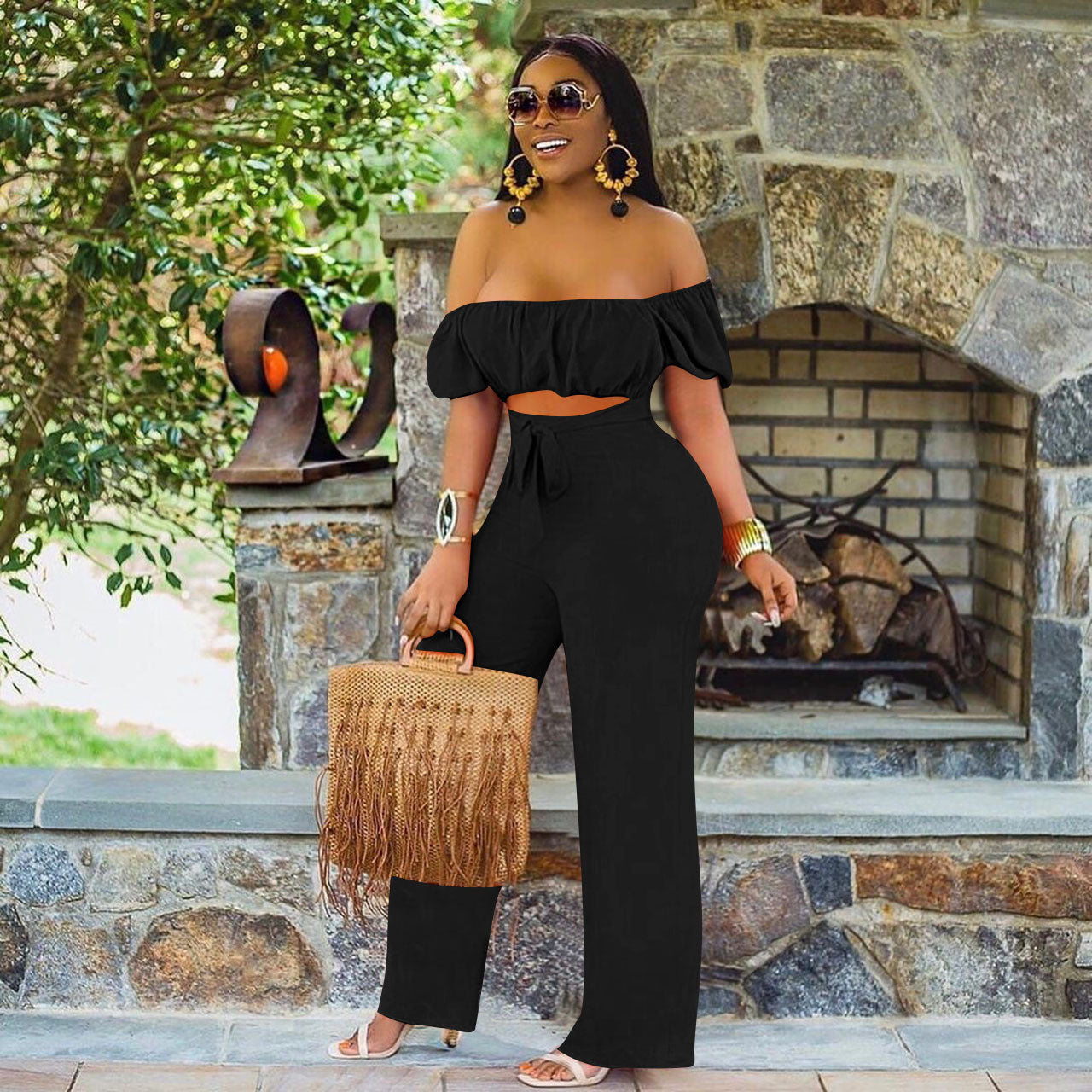 LADIES OFF THE SHOULDER JUMPSUIT GREEN / BLACK / ORANGE / DARK PINK (SIZE S - 2XL)