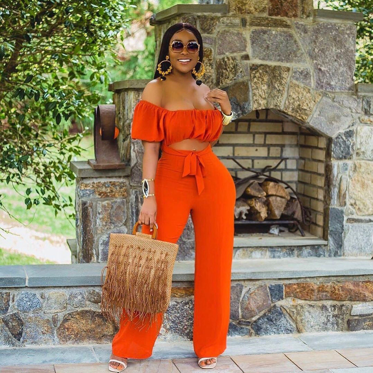 LADIES OFF THE SHOULDER JUMPSUIT GREEN / BLACK / ORANGE / DARK PINK (SIZE S - 2XL)
