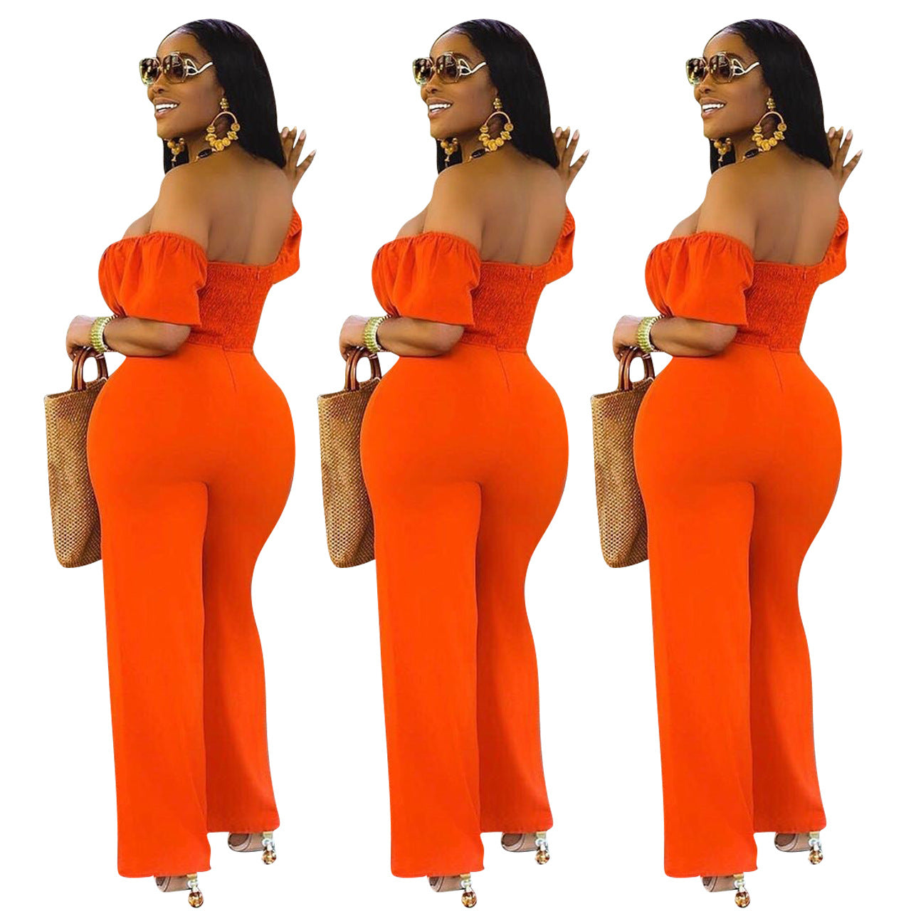 LADIES OFF THE SHOULDER JUMPSUIT GREEN / BLACK / ORANGE / DARK PINK (SIZE S - 2XL)
