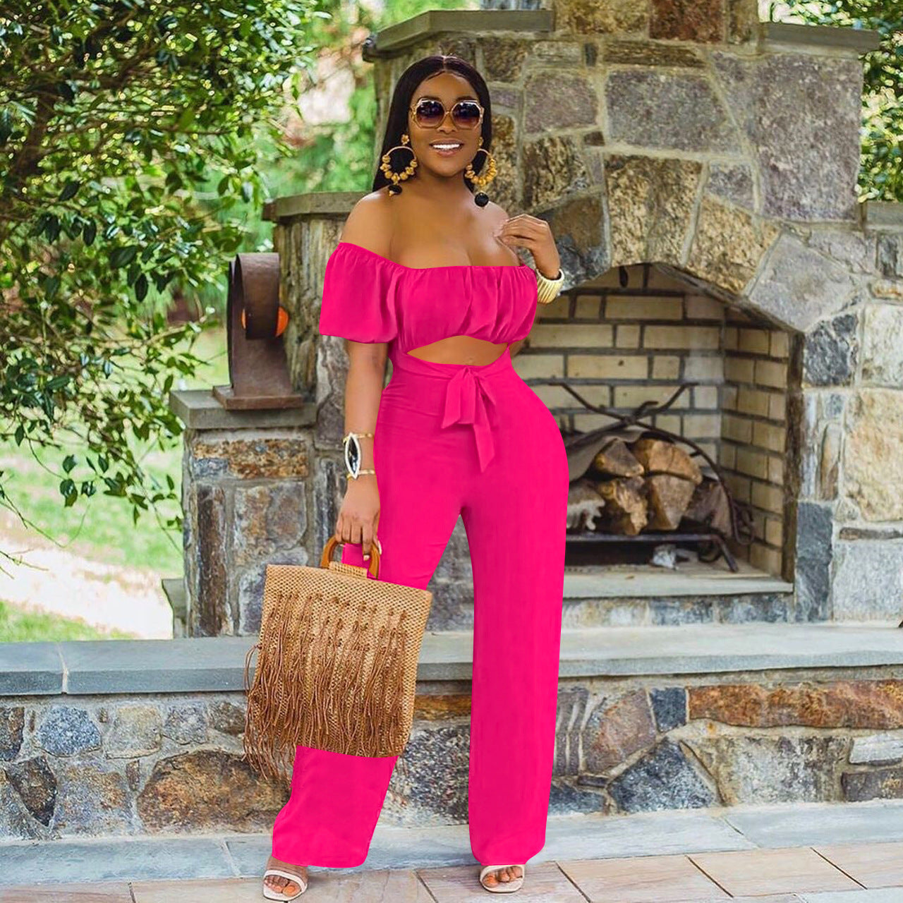 LADIES OFF THE SHOULDER JUMPSUIT GREEN / BLACK / ORANGE / DARK PINK (SIZE S - 2XL)