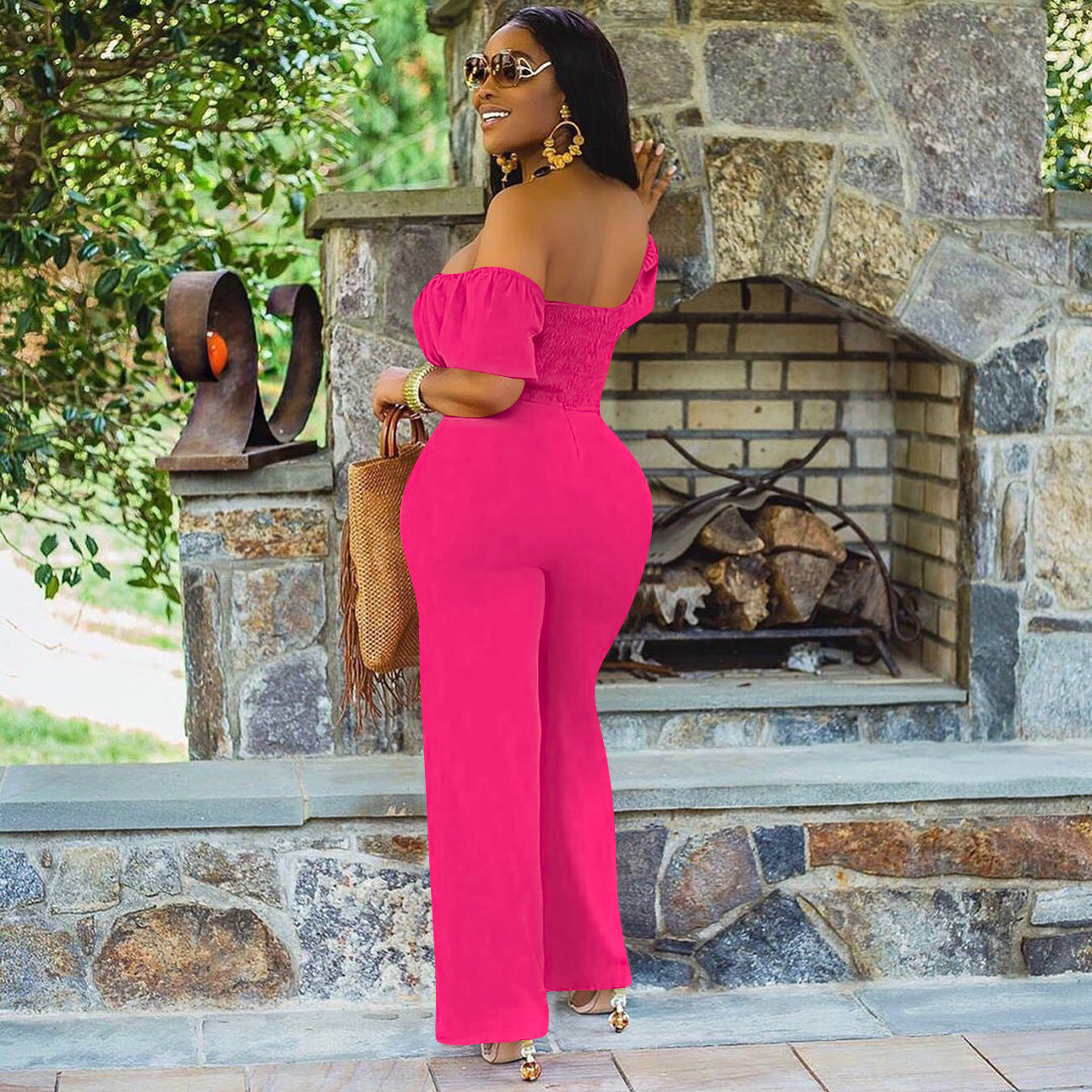 LADIES OFF THE SHOULDER JUMPSUIT GREEN / BLACK / ORANGE / DARK PINK (SIZE S - 2XL)