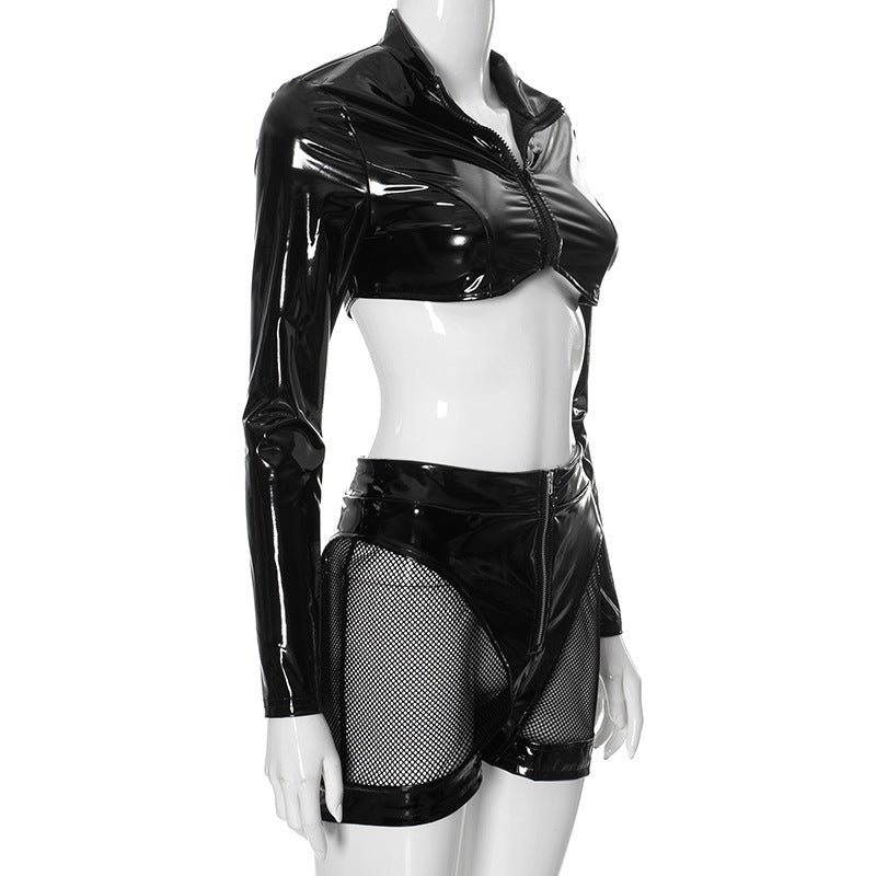 LADIES TWO PIECE PU LEATHER SET BLACK (SIZE S - L)
