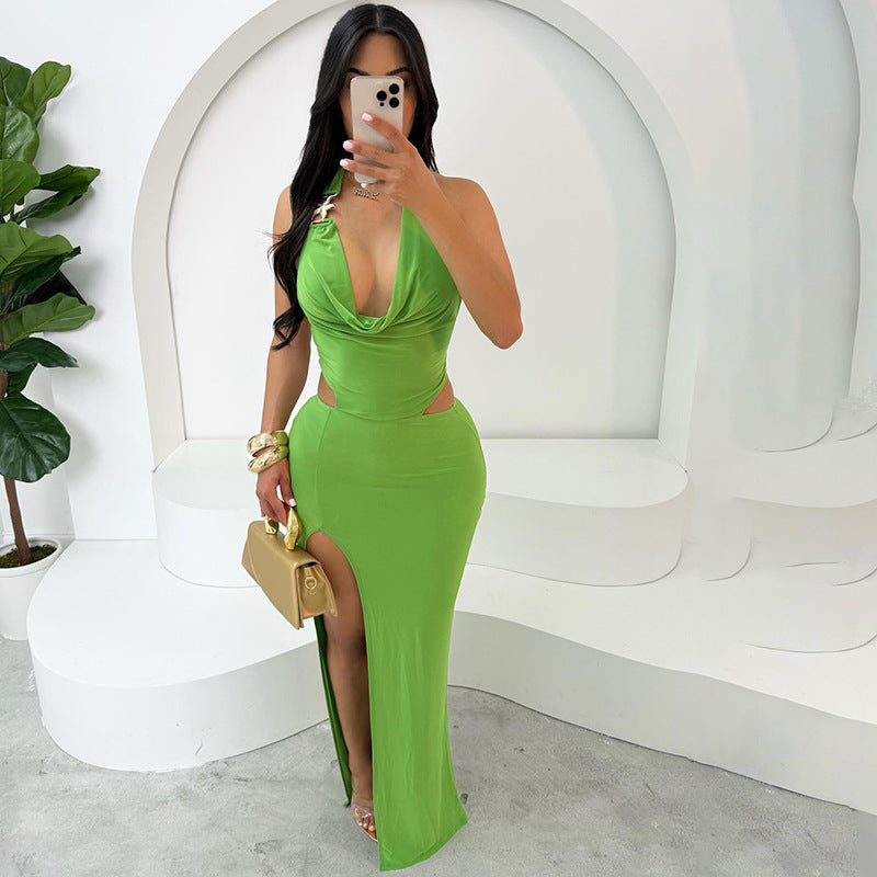 LADIES HALTERNECK CUT OUT DRESS WITH SLIT GREEN (SIZE S - L)