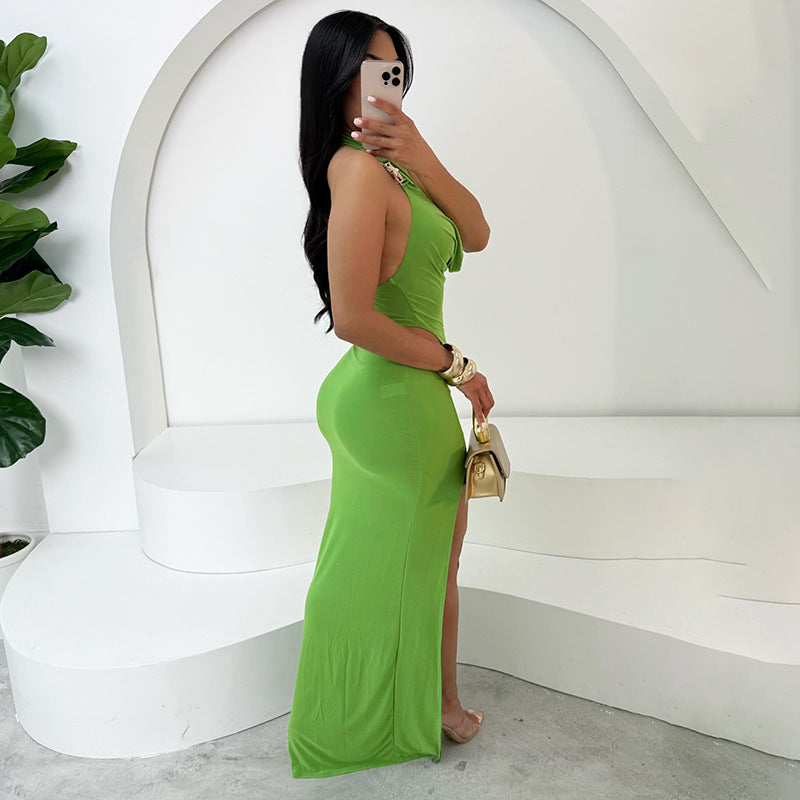 LADIES HALTERNECK CUT OUT DRESS WITH SLIT GREEN (SIZE S - L)