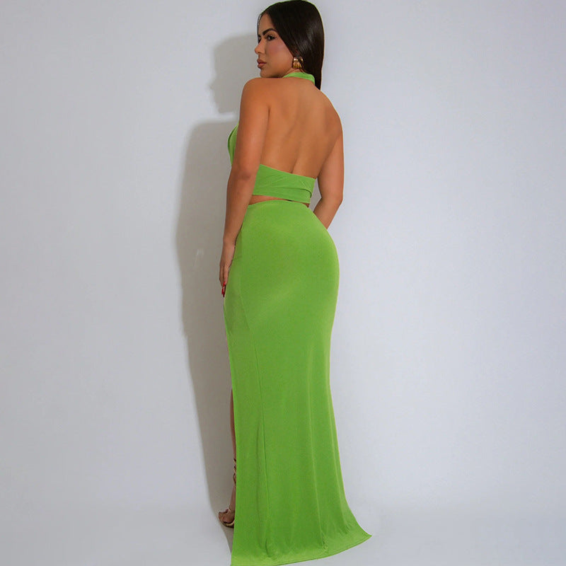 LADIES HALTERNECK CUT OUT DRESS WITH SLIT GREEN (SIZE S - L)