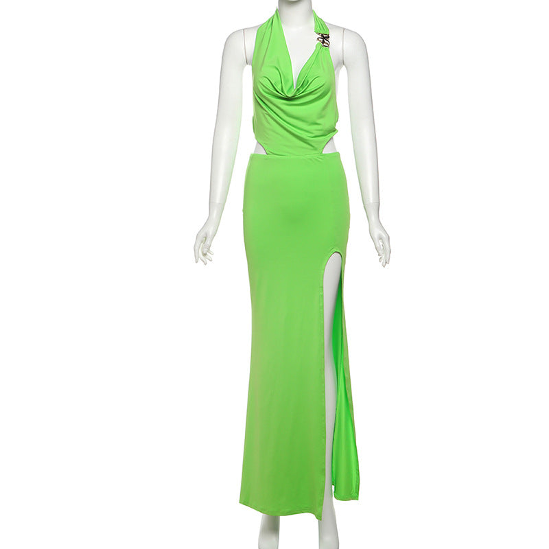 LADIES HALTERNECK CUT OUT DRESS WITH SLIT GREEN (SIZE S - L)