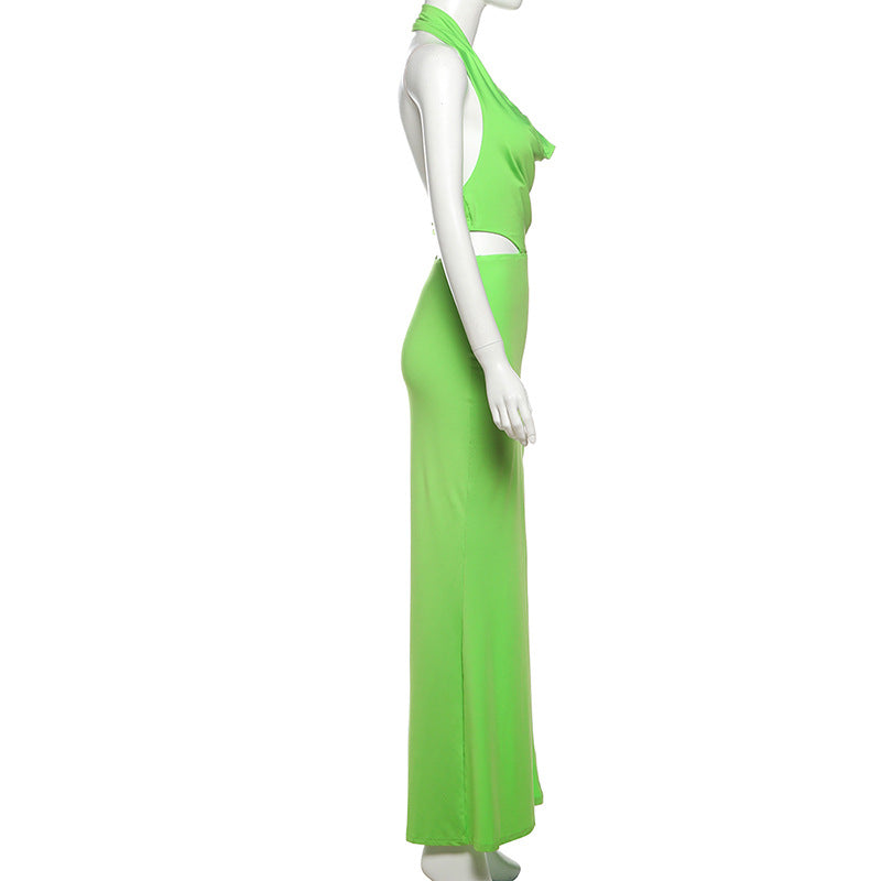 LADIES HALTERNECK CUT OUT DRESS WITH SLIT GREEN (SIZE S - L)