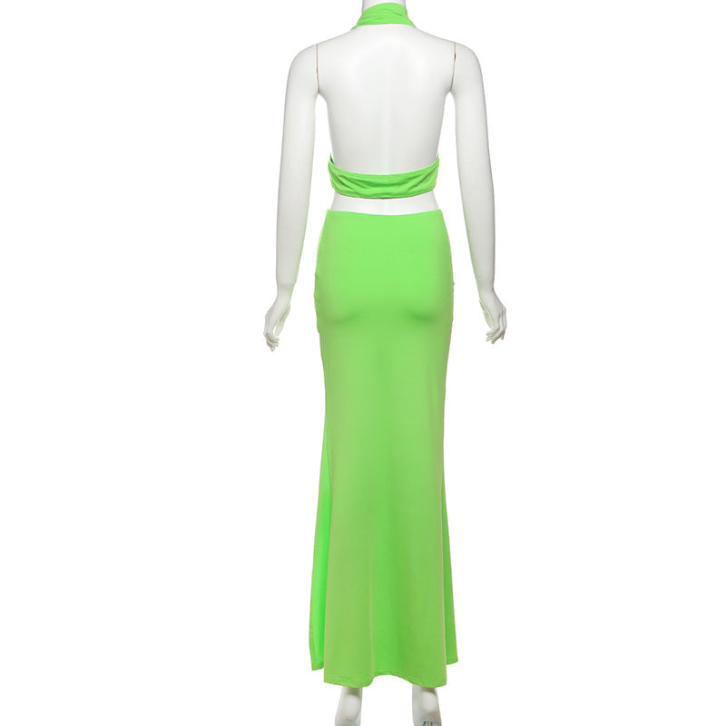 LADIES HALTERNECK CUT OUT DRESS WITH SLIT GREEN (SIZE S - L)
