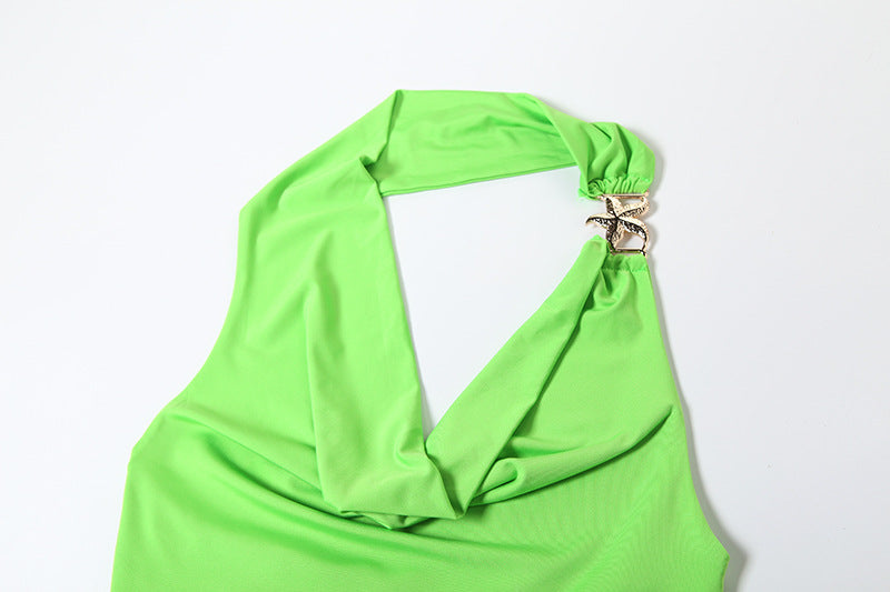 LADIES HALTERNECK CUT OUT DRESS WITH SLIT GREEN (SIZE S - L)