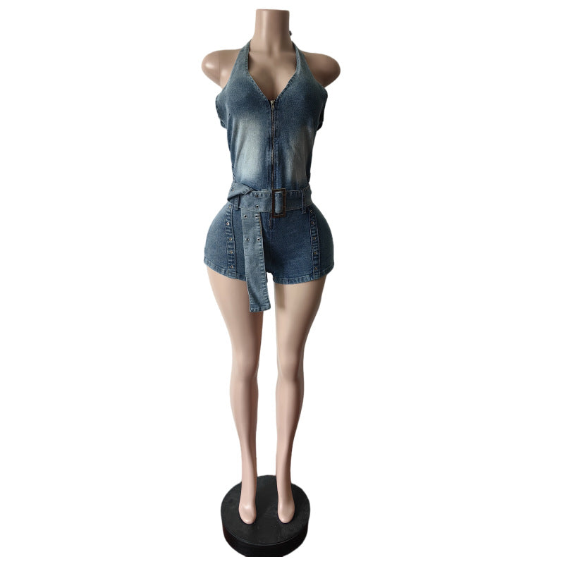 LADIES STRETCHY HALTERNECK PLAYSUIT / ROMPER BLUE DENIM (SIZE S - 2XL)