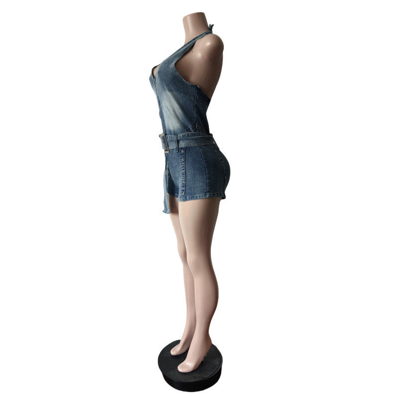 LADIES STRETCHY HALTERNECK PLAYSUIT / ROMPER BLUE DENIM (SIZE S - 2XL)