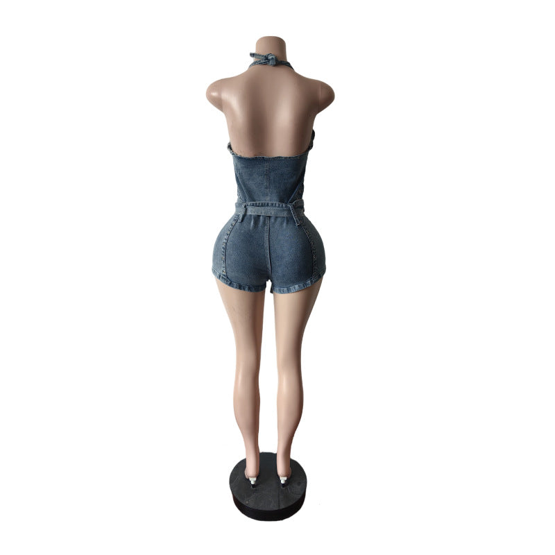 LADIES STRETCHY HALTERNECK PLAYSUIT / ROMPER BLUE DENIM (SIZE S - 2XL)