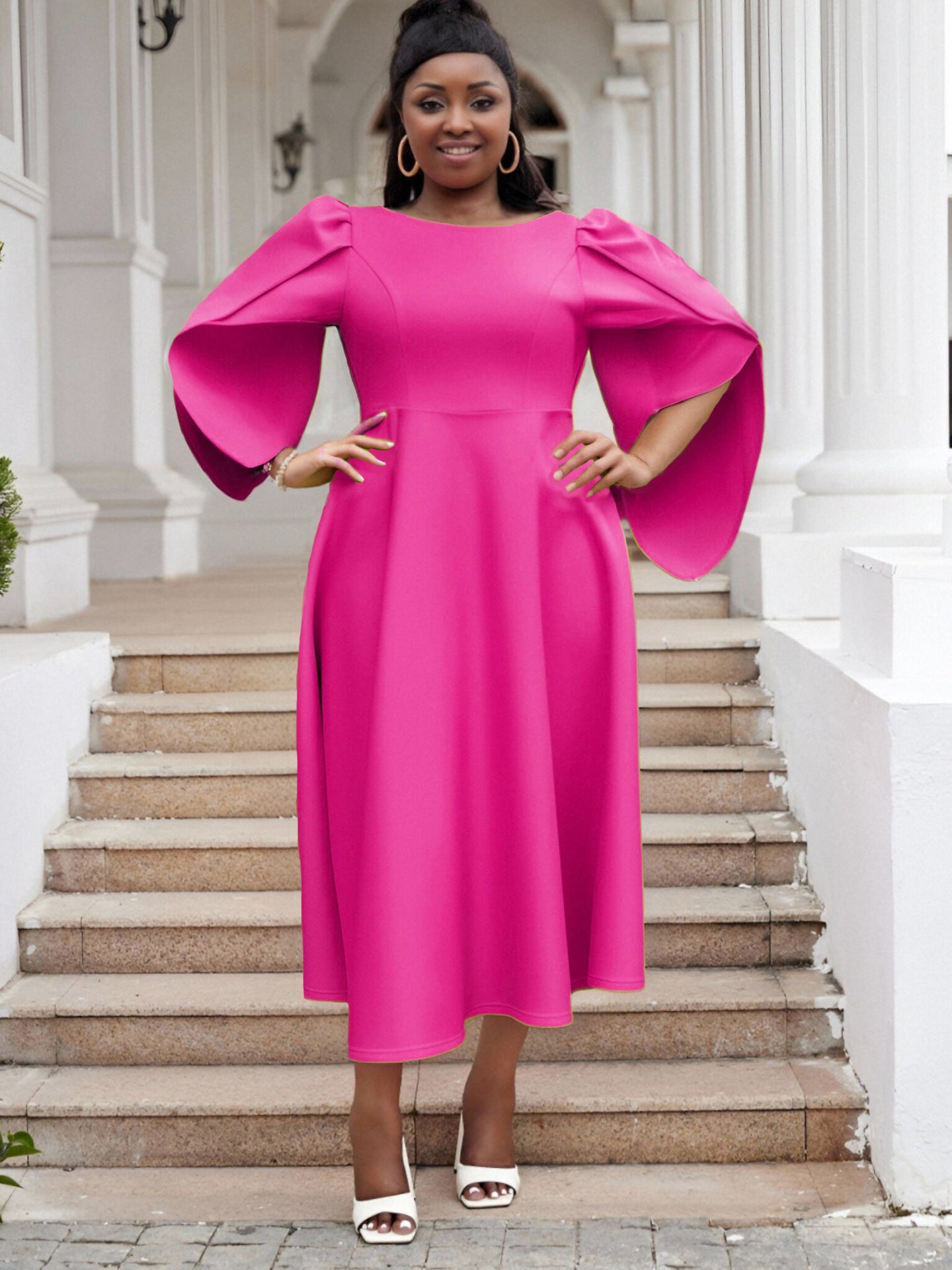 LADIES PLUS SIZE LONG DRESS BLUE / LIME GREEN / DARK PINK / PURPLE (SIZE S - 3XL)