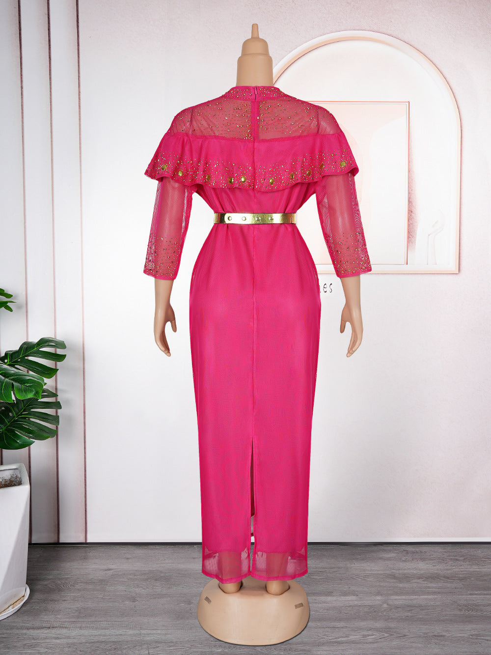 LADIES PLUS SIZE LONG SLEEVE LONG BODYCON DRESS PINK / BLUE / BLACK (SIZE L - 3XL)