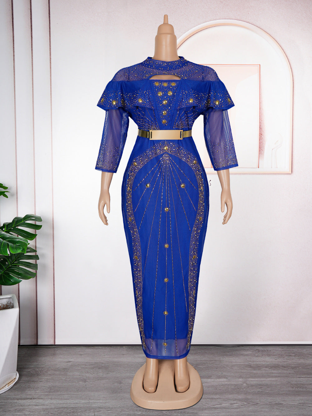 LADIES PLUS SIZE LONG SLEEVE LONG BODYCON DRESS PINK / BLUE / BLACK (SIZE L - 3XL)