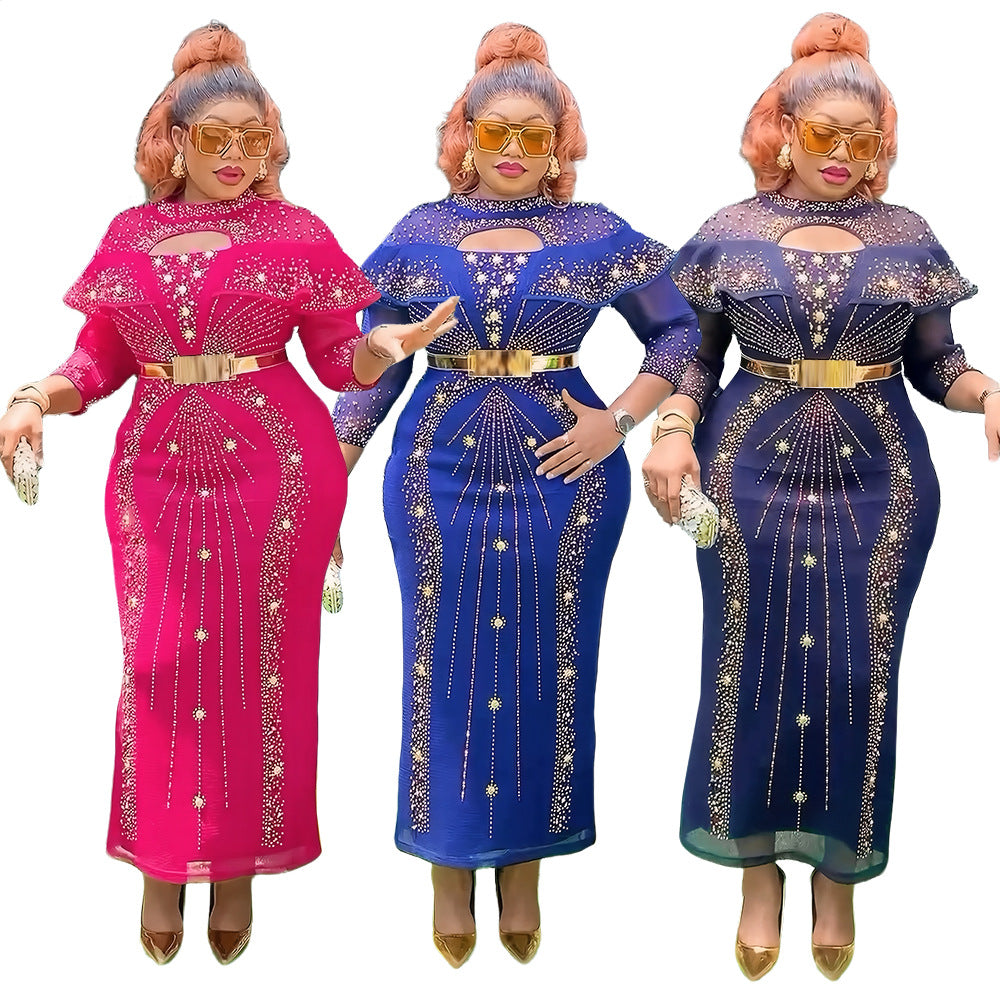 LADIES PLUS SIZE LONG SLEEVE LONG BODYCON DRESS PINK / BLUE / BLACK (SIZE L - 3XL)