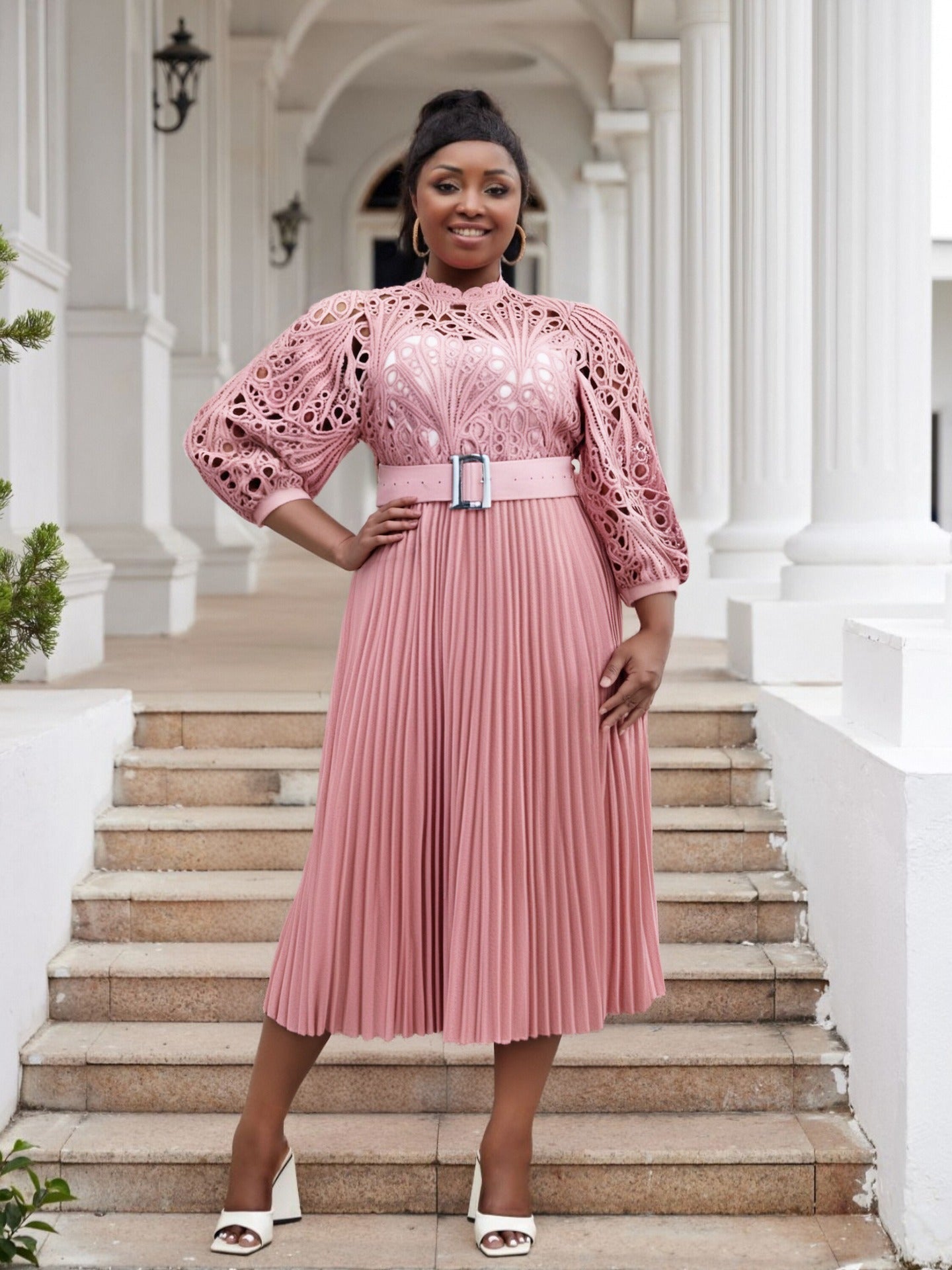 LADIES PLUS SIZE LONG SLEEVE DRESS WHITE / PINK / BLACK / DARK PINK (SIZE S - 5XL)