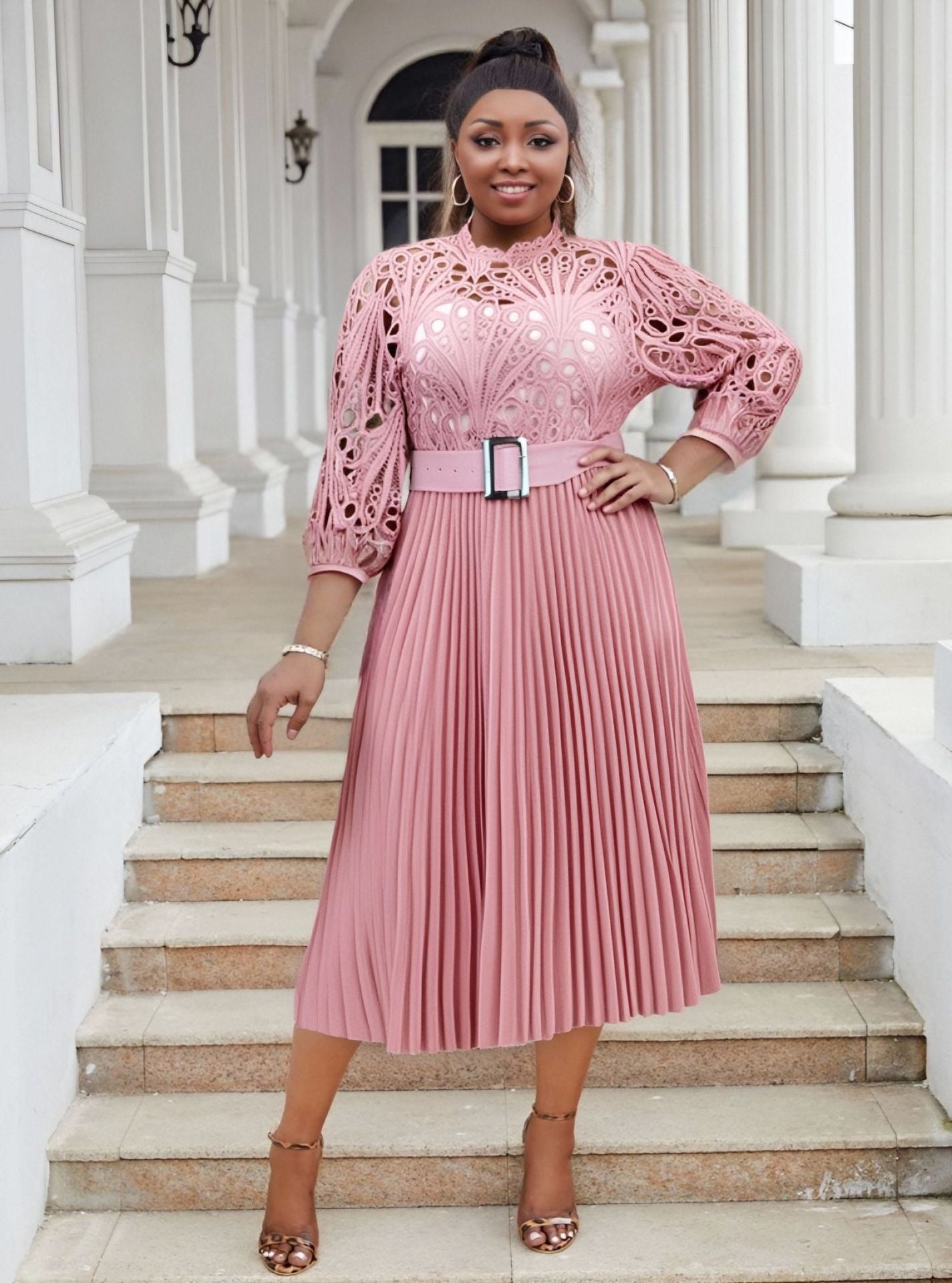 LADIES PLUS SIZE LONG SLEEVE DRESS WHITE / PINK / BLACK / DARK PINK (SIZE S - 5XL)