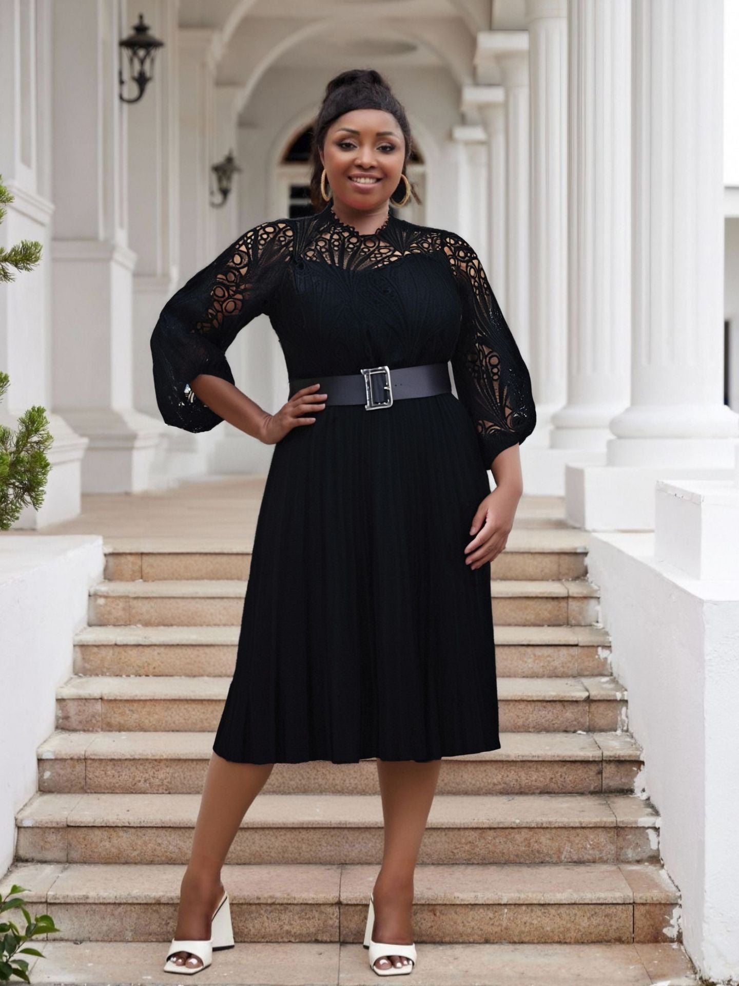 LADIES PLUS SIZE LONG SLEEVE DRESS WHITE / PINK / BLACK / DARK PINK (SIZE S - 5XL)