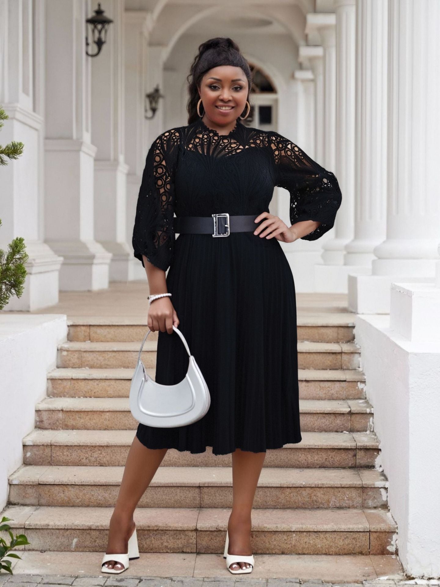LADIES PLUS SIZE LONG SLEEVE DRESS WHITE / PINK / BLACK / DARK PINK (SIZE S - 5XL)