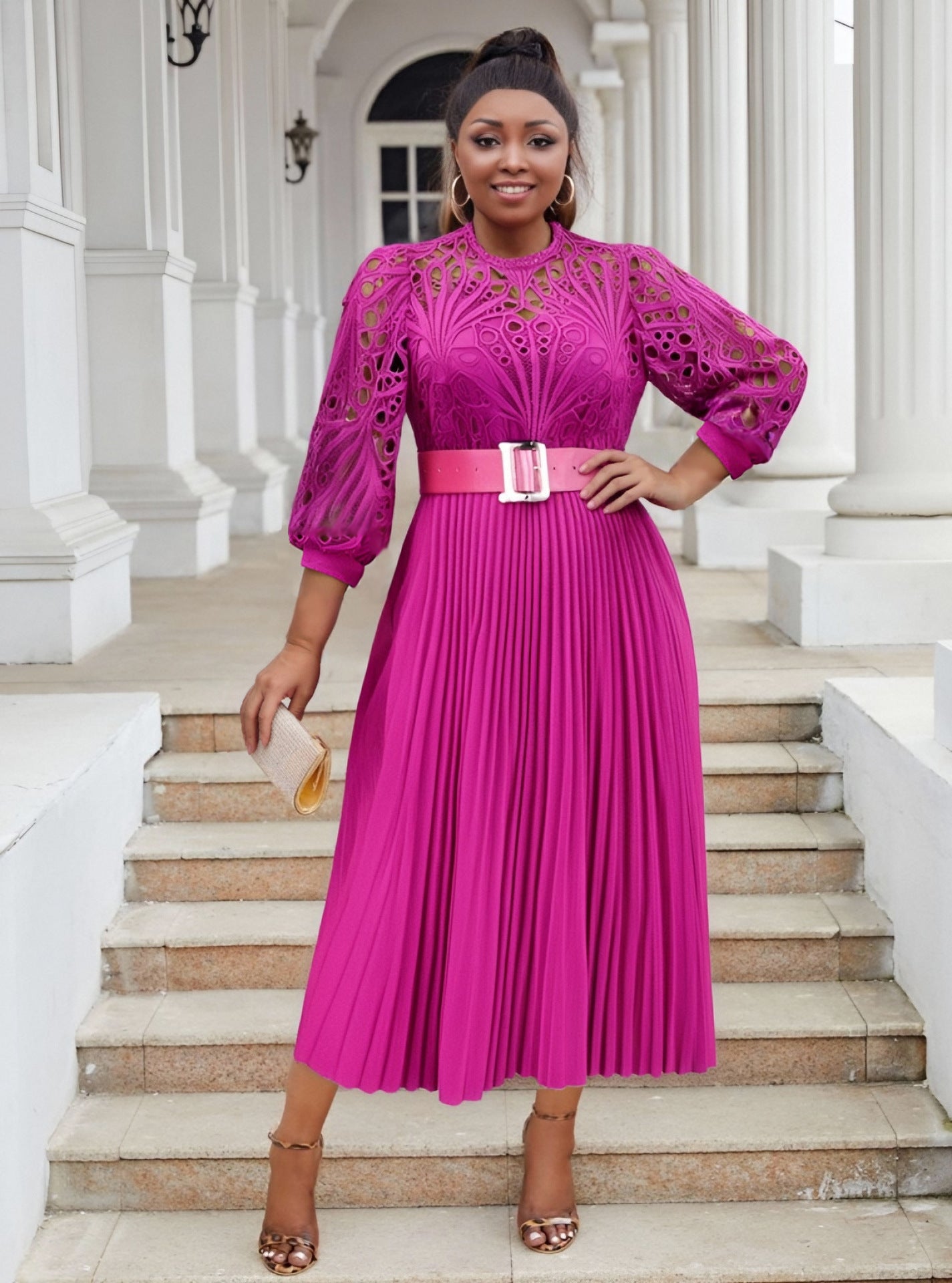 LADIES PLUS SIZE LONG SLEEVE DRESS WHITE / PINK / BLACK / DARK PINK (SIZE S - 5XL)