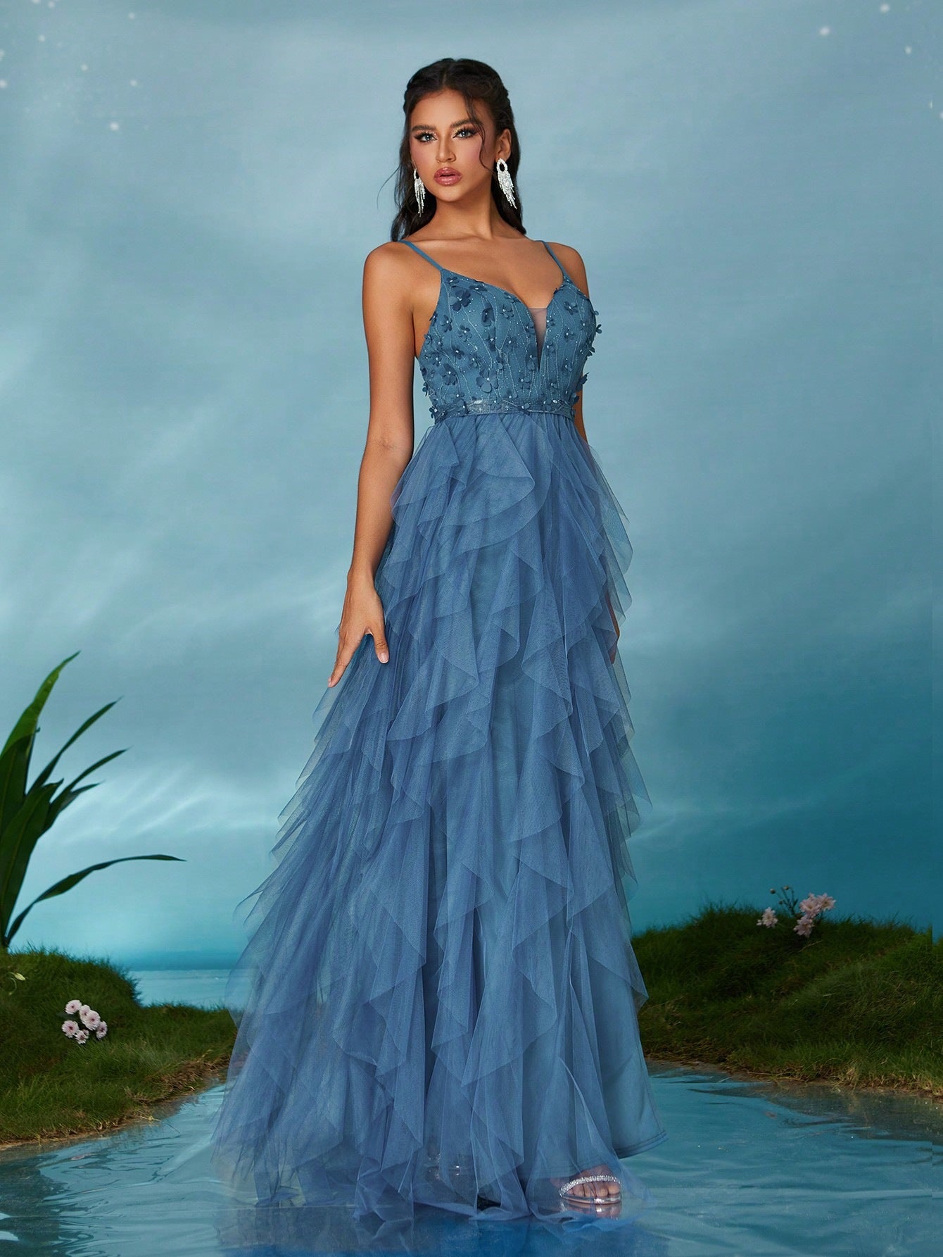 LADIES EVENING DRESS (+6 DAYS PROCESSING TIME) BLUE / BLACK (SIZE XS - 3XL)