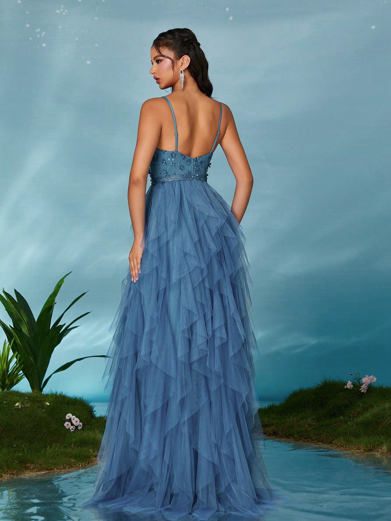 LADIES EVENING DRESS (+6 DAYS PROCESSING TIME) BLUE / BLACK (SIZE XS - 3XL)
