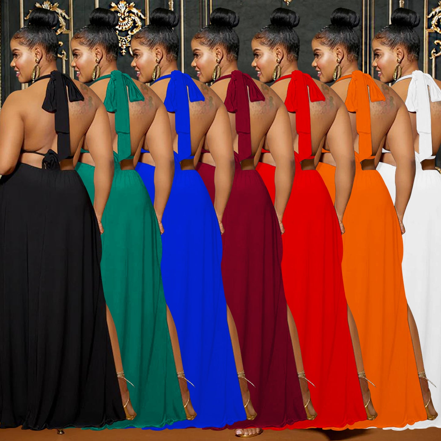 LADIES LOW BACK SLEEVELESS LONG DRESS WINE RED / RED / ORANGE / WHITE (SIZE S - 2XL)