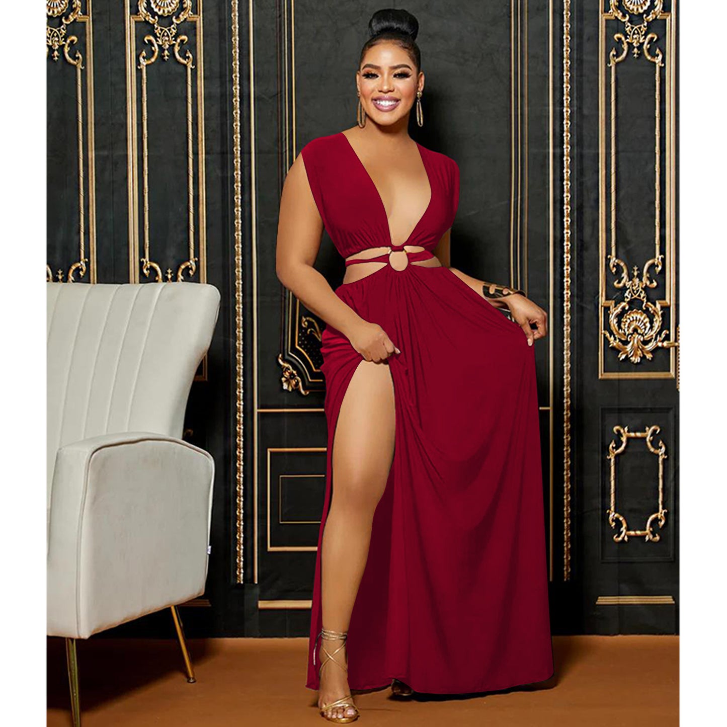 LADIES LOW BACK SLEEVELESS LONG DRESS WINE RED / RED / ORANGE / WHITE (SIZE S - 2XL)
