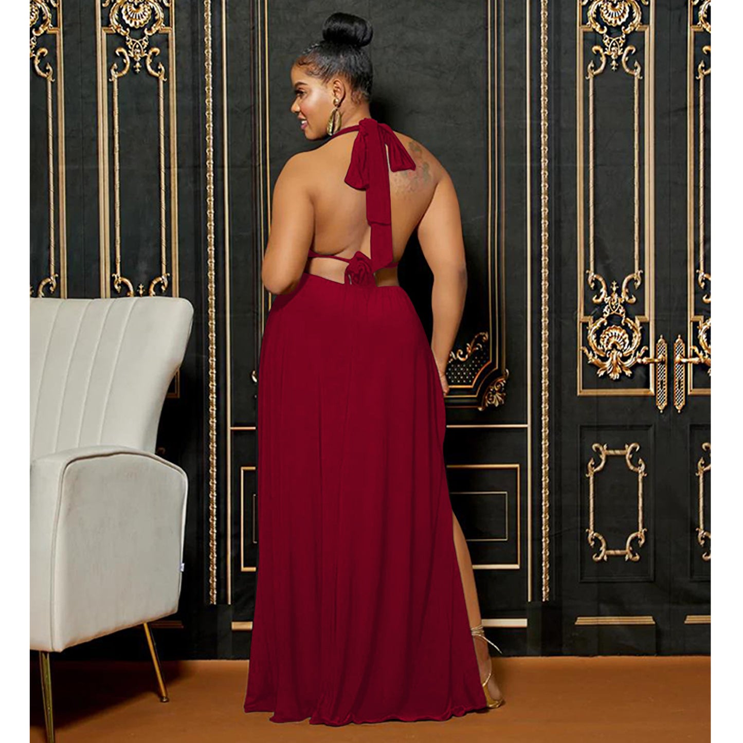 LADIES LOW BACK SLEEVELESS LONG DRESS WINE RED / RED / ORANGE / WHITE (SIZE S - 2XL)