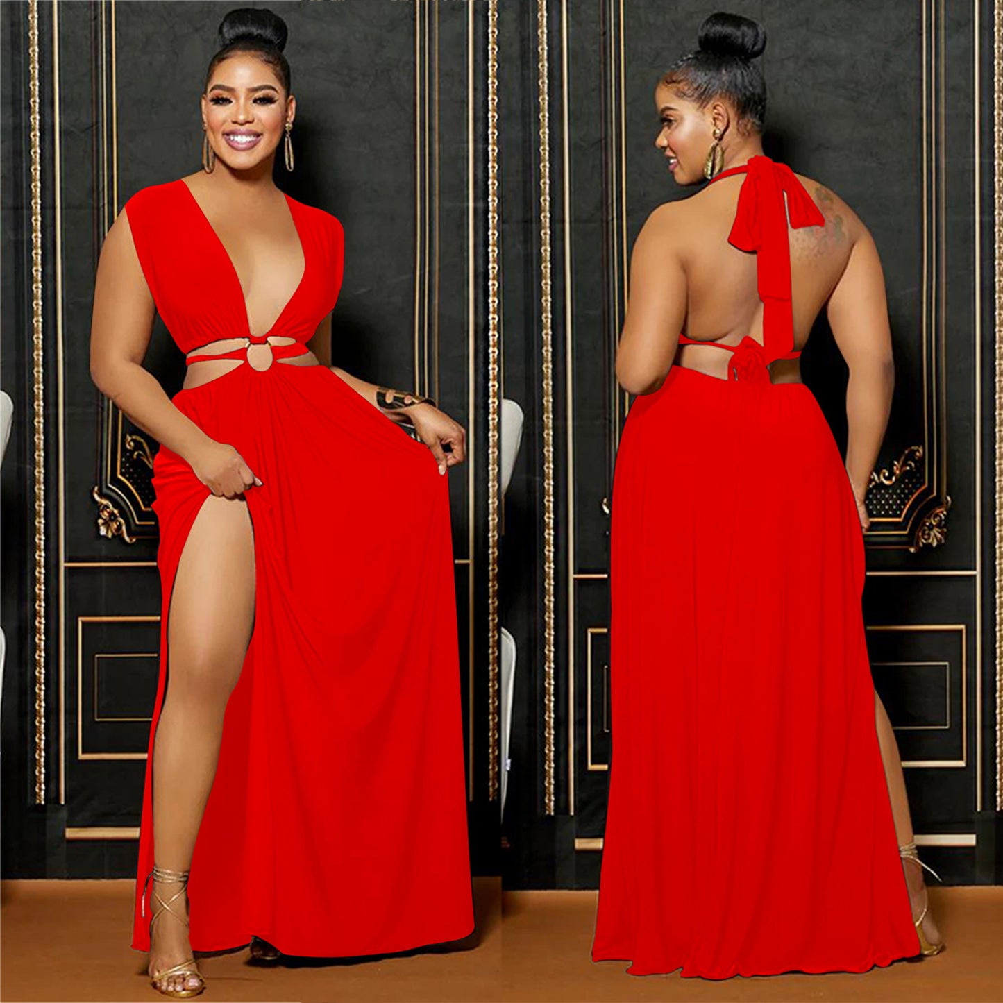 LADIES LOW BACK SLEEVELESS LONG DRESS WINE RED / RED / ORANGE / WHITE (SIZE S - 2XL)