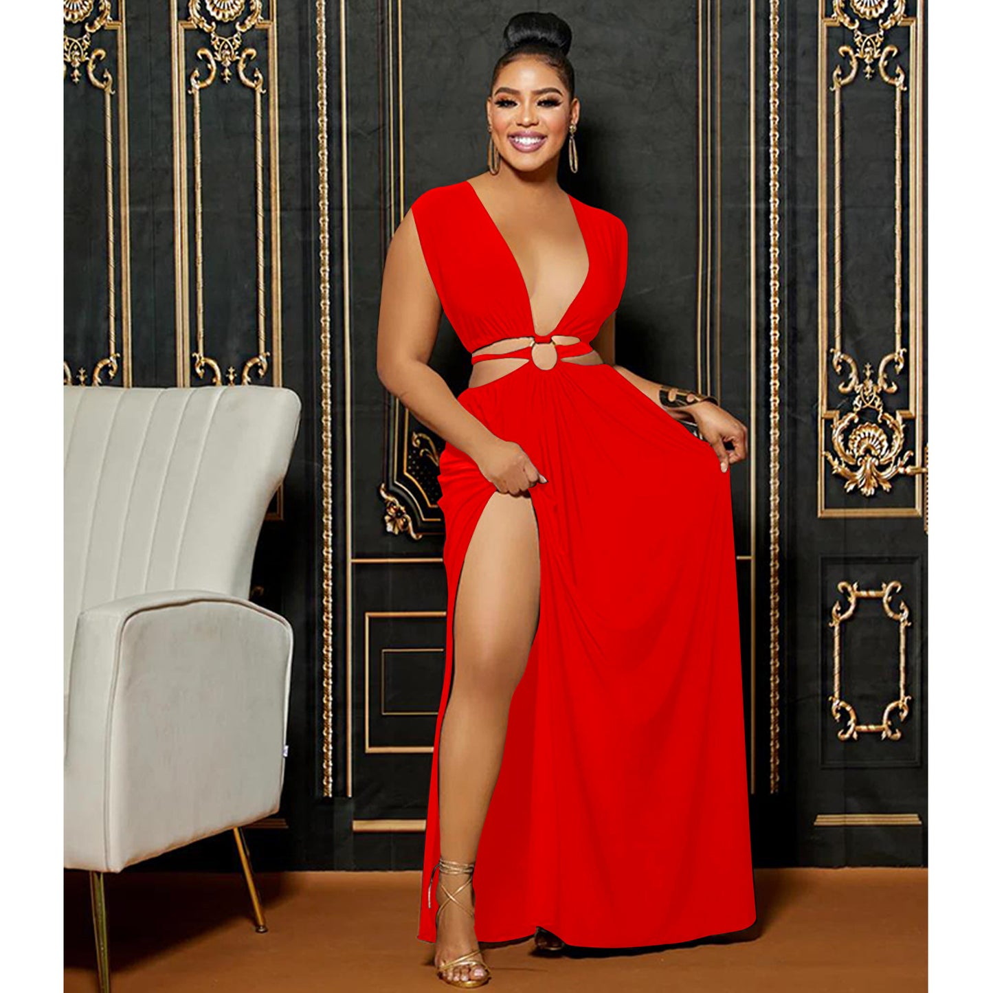 LADIES LOW BACK SLEEVELESS LONG DRESS WINE RED / RED / ORANGE / WHITE (SIZE S - 2XL)