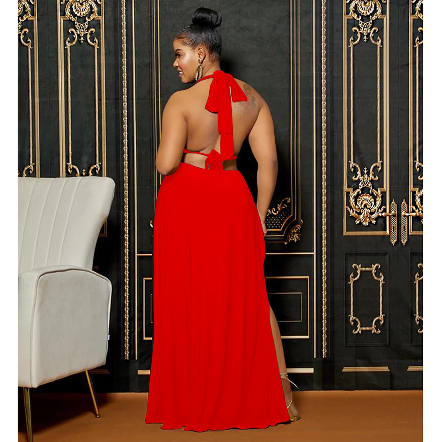 LADIES LOW BACK SLEEVELESS LONG DRESS WINE RED / RED / ORANGE / WHITE (SIZE S - 2XL)